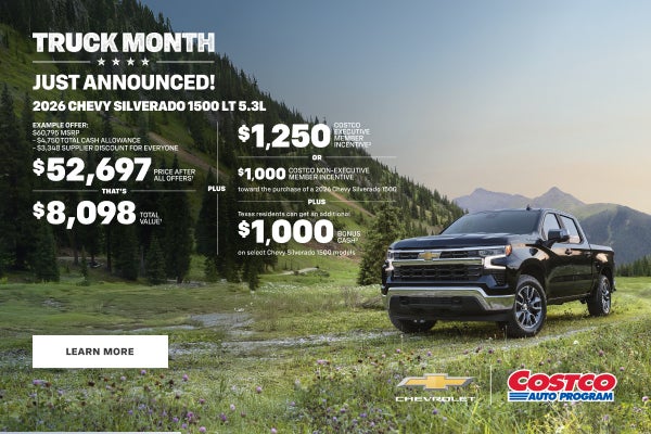 2026 Chevy Silverado 1500 LT 5.3L. Example Offer: $60,795 MSRP - $4,750 Total Cash Allowance - $3...